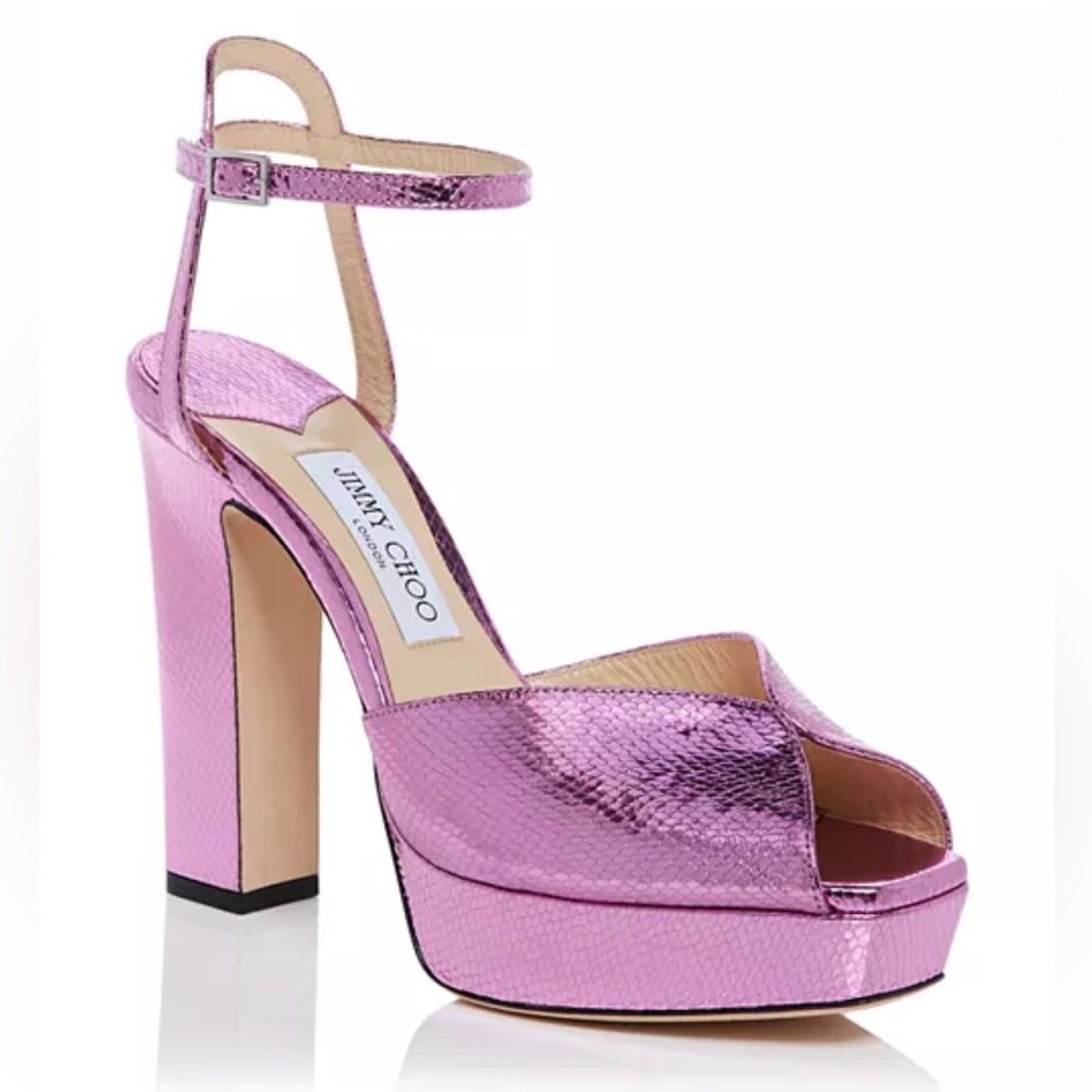Jimmy Choo Sacaria 120 Pink Metallic Platform Sandals EU 38 Block Heel NWT